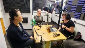Jessica Partnow records an episode of Leading the Way with Associate Director Gretchen Ludwig and Assistant Director for Academic Services Heather Werckle