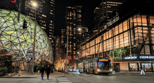 A public bus passes the Amazon Sphere's in South Lake Union