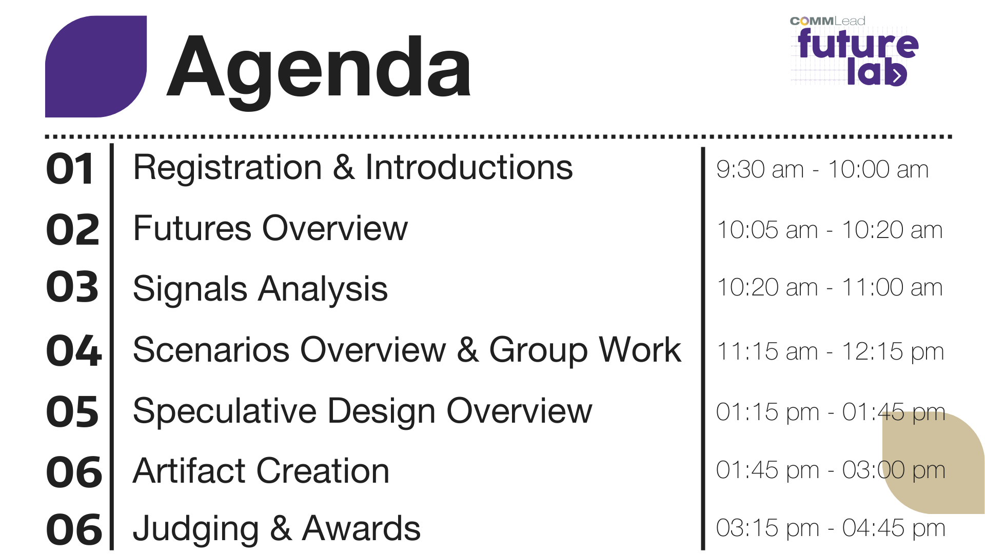 Overall event agenda
